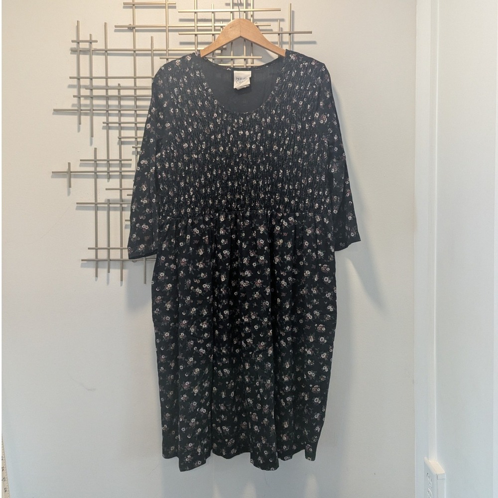 VTG Harvey Celler California Mini Floral Smocked Babydoll Dress Black Women's M‎